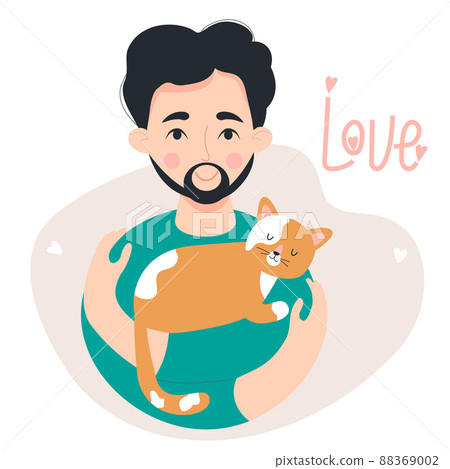 Cute happy man with beard and mustache with sleeping ginger cat. Vector illustration. concept of love for pets. man character in flat style for postcards, design, decoration and covers 88369002