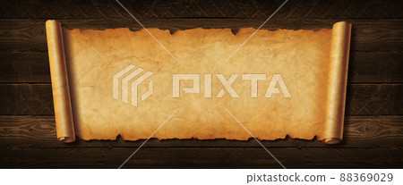 Old paper horizontal banner. Parchment scroll on a wood board Old paper horizontal banner. Parchment scroll on a wood board 88369029