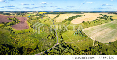 Aerial landscape of the Russian Chernozemye. Kotlevo village, Kursk region, near the Russia - Ukraine border 88369180