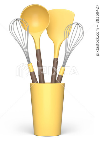Silicon kitchen utensils, tools and equipment in holder on white background. 88369427
