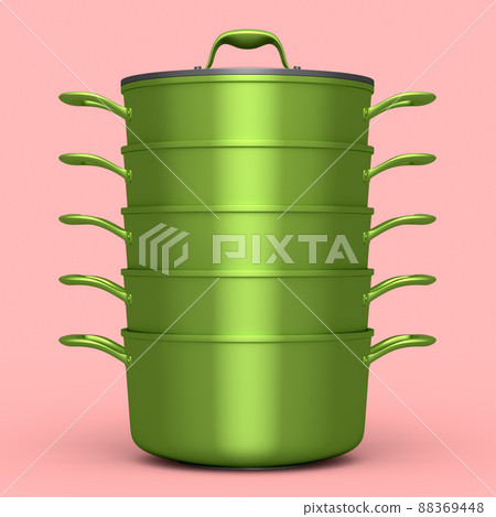 Set of stainless steel stewpot and chrome plated cookware on pink background Set of stainless steel stewpot and chrome plated cookware on pink background 88369448