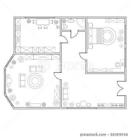 Abstract vector plan of two-bedroom apartment Abstract vector plan of two-bedroom apartment 88369548