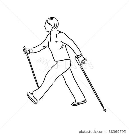 Continuous line drawing. A young woman walks on foot with walking sticks. Nordic walking, vector sketch illustration Continuous line drawing. A young woman walks on foot with walking sticks. Nordic walking, vector sketch illustration 88369795