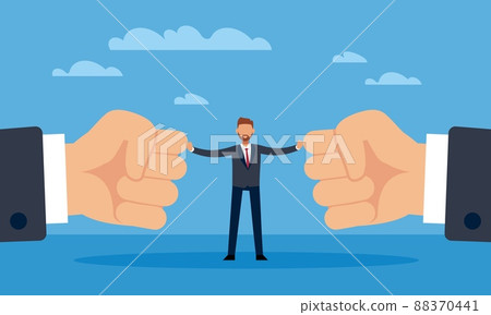 Diplomacy. Broker, diplomacy meeting with buffer, prevention of conflict, businessman between two fists, opposition mind, confrontation and competition, vector cartoon flat concept Diplomacy. Broker, diplomacy meeting with buffer, prevention of conflict, businessman between two fists, opposition mind, confrontation and competition, vector cartoon flat concept 88370441
