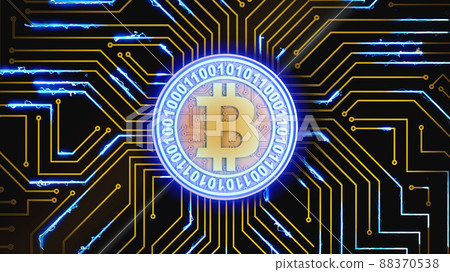 bitcoin pulsates on a circuit board bitcoin pulsates on a circuit board 88370538