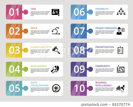 Infographic Business Intelligence icons vector illustration. 10 colored steps info template with editable text. 88370774