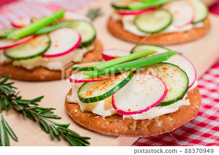 Cracker Sandwich with Cream Cheese, Fresh Cucumber and Radish Cracker Sandwich with Cream Cheese, Fresh Cucumber and Radish 88370949