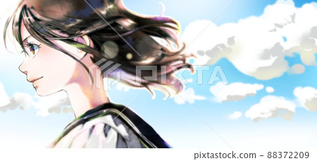 側面輪廓女學生插圖顏色，藍天背景，可用空間 88372209