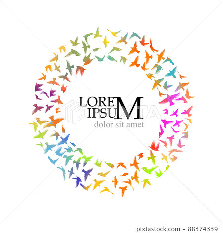 Round colorful frame of flying birds. Vector illustration . Vector illustration, design templates. Birds in a flat style, a place for text. Round colorful frame of flying birds. Vector illustration . Vector illustration, design templates. Birds in a flat style, a place for text. 88374339