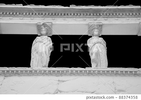 The Caryatid porch of the Erechtheion Temple in Athens isolated on black background with clipping path The Caryatid porch of the Erechtheion Temple in Athens isolated on black background with clipping path 88374358