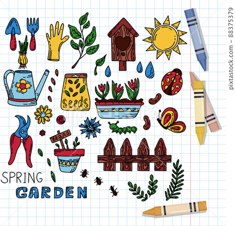 Vector gardening doodle set. Cartoon hand drawn isolated design horticulture elements. Spring set for gardening and floriculture. Sketch of a nerd hobby icon Vector gardening doodle set. Cartoon hand drawn isolated design horticulture elements. Spring set for gardening and floriculture. Sketch of a nerd hobby icon 88375379