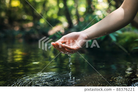 hand touches water in the pond 88376221
