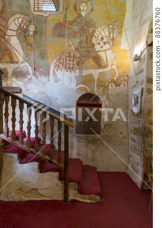 Wall with Coptic fresco paintings and staircase leading to the Church of St. Paul & St. Mercurius, Monastery of Saint Paul the Anchorite (aka Monastery of the Tigers), Egypt Wall with Coptic fresco paintings and staircase leading to the Church of St. Paul & St. Mercurius, Monastery of Saint Paul the Anchorite (aka Monastery of the Tigers), Egypt 88376760