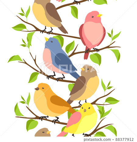 Seamless pattern with stylized birds sitting on branches. Image of birdie in simple style. 88377912