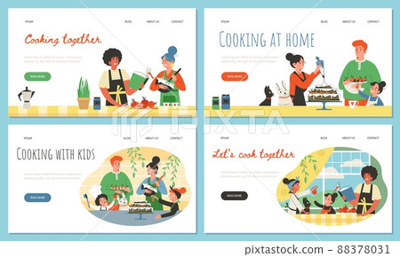 Family cooking together with kids - landing page templates set, flat vector illustration. Family cooking together with kids - landing page templates set, flat vector illustration. 88378031