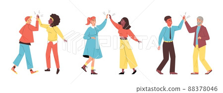 High five greeting gesture of people, flat cartoon vector illustration isolated. 88378046