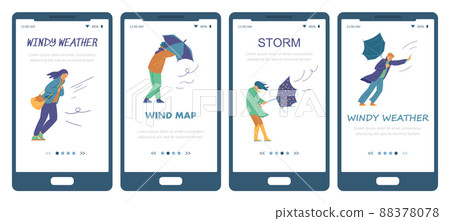 Weather forecast onboarding screens, people with broken umbrellas during wind storm, flat vector illustration. 88378078
