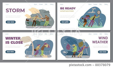 People and wind weather vector banner. Windy hurricane or storm at the park and on the street, website landing page. 88378079