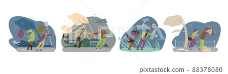 Storm weather vector illustration. People fight with strong wind, autumn rain weather. Tree is blown away. Storm weather vector illustration. People fight with strong wind, autumn rain weather. Tree is blown away. 88378080