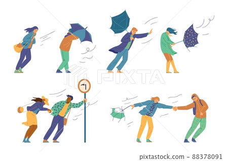 People walk with broken umbrellas in windy weather, flat vector illustration isolated on white background. People walk with broken umbrellas in windy weather, flat vector illustration isolated on white background. 88378091