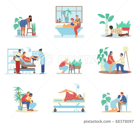 Pregnant woman preparing for childbirth and giving birth, vector illustrations. 88378097