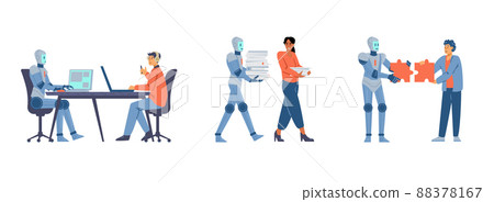 Robot employee helps to work in the office, flat vector illustration isolated on white background. 88378167