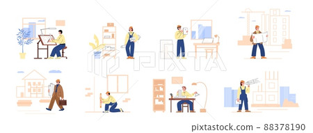 Architectural work process from blueprint to building construction, flat vector illustration isolated on white. Architectural work process from blueprint to building construction, flat vector illustration isolated on white. 88378190