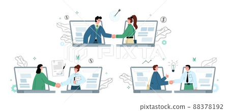 Men and women shake hands online through opened laptops. Partnership and teamwork on the Internet, messengers and chats. Men and women shake hands online through opened laptops. Partnership and teamwork on the Internet, messengers and chats. 88378192