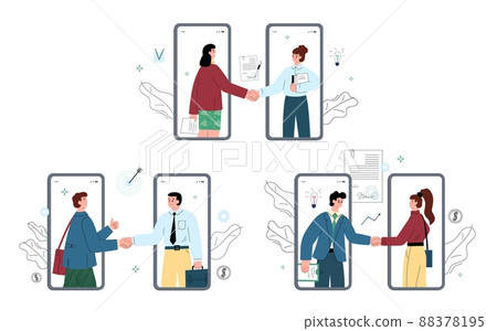 Deal or teamwork online by email or mobile phone app on the Internet. Hand shake agreement flat vector illustration. Deal or teamwork online by email or mobile phone app on the Internet. Hand shake agreement flat vector illustration. 88378195