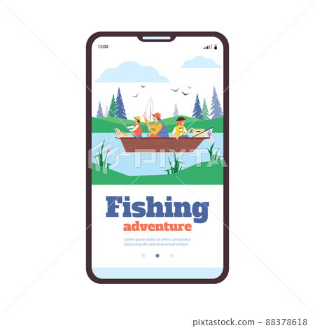 Family fishing trip onboarding page interface, flat vector illustration. Family fishing trip onboarding page interface, flat vector illustration. 88378618
