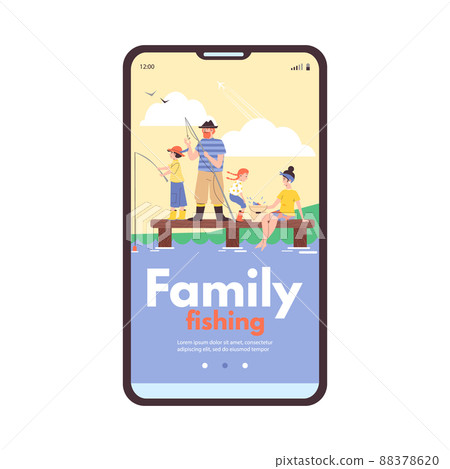 Onboarding page interface for family fishing activity, flat vector illustration. Onboarding page interface for family fishing activity, flat vector illustration. 88378620