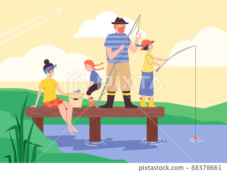 Family enjoy outdoor recreation and fishing on river, flat vector illustration. Family enjoy outdoor recreation and fishing on river, flat vector illustration. 88378661