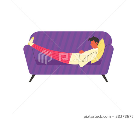 Man taking a nap on couch at home, flat vector illustration isolated on white. Man taking a nap on couch at home, flat vector illustration isolated on white. 88378675