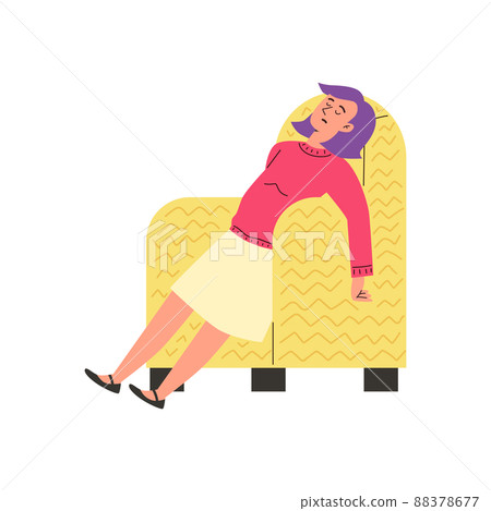 Woman sleeping in armchair at home, flat cartoon vector illustration isolated. 88378677