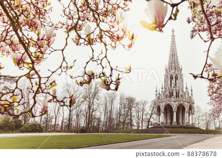 The monument of the King Leopold I in Laeken park in Brussels.  Magnolia flowers in bloom. 88378678