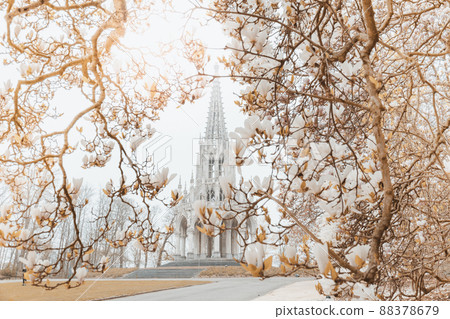 The monument of the King Leopold I in Laeken park in Brussels. Magnolia flowers in bloom. The monument of the King Leopold I in Laeken park in Brussels. Magnolia flowers in bloom. 88378679