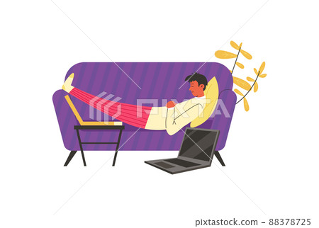 Man napping on couch at home after pizza snack flat vector illustration isolated. 88378725