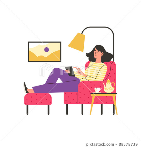 Woman enjoying comfortable stay at home flat vector illustration isolated. Woman enjoying comfortable stay at home flat vector illustration isolated. 88378739