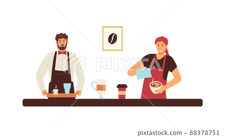 Barista man and woman preparing coffee, flat vector illustration isolated. 88378751