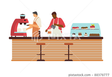 Two male baristas preparing latte and selling desserts in coffeehouse, flat vector illustration isolated on white. 88378777