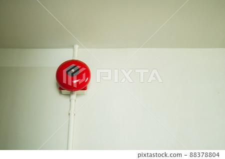 Indoor Red Fire Alarm Bell For Alarm Security System White Wall Mounted. Alarm bell when emergency in the room. Indoor Red Fire Alarm Bell For Alarm Security System White Wall Mounted. Alarm bell when emergency in the room. 88378804