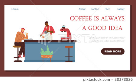 Web banner template with barista serving customer, flat vector illustration. 88378826