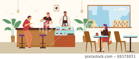 Cozy modern coffee shop with customers and barista, flat vector illustration. 88378851