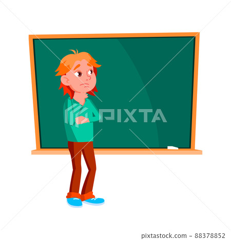 Schoolboy Child Thinking At Blackboard Vector 88378852