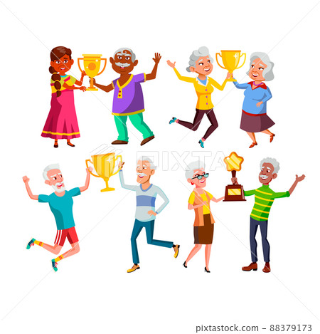 Old Men And Women Holding Trophy Cup Set Vector Old Men And Women Holding Trophy Cup Set Vector 88379173