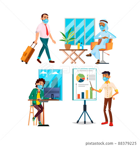 Businessman Wearing Protective Mask Set Vector Businessman Wearing Protective Mask Set Vector 88379225