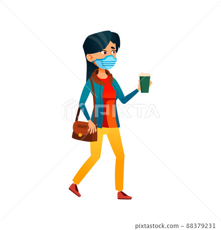 Teen Girl Wearing Mask Walk With Coffee Cup Vector Teen Girl Wearing Mask Walk With Coffee Cup Vector 88379231