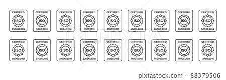 Certified ISO symbol. Standardization in the field of information security, quality management systems, as well as labor protection and others. Set of linear icons. Vector illustration. 88379506