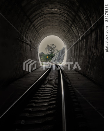 Inside the railroad tunnel and railways with natural light at the end. Light at the end of the tunnel, Lights and shadows, Concept of achieving your goals, Inside the railroad tunnel and railways with natural light at the end. Light at the end of the tunnel, Lights and shadows, Concept of achieving your goals, 88379588