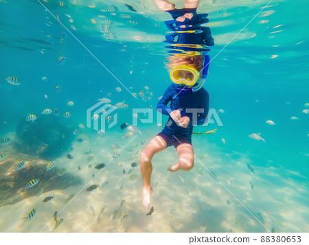 Underwater nature study, boy snorkeling in clear blue sea 88380653